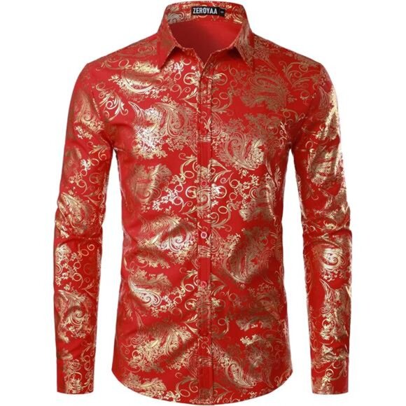ZEROYAA Men's Luxury Gold Embroidery Dress Shirt - Slim Fit Long Sleeve Button Up, Light Blue, X-Large